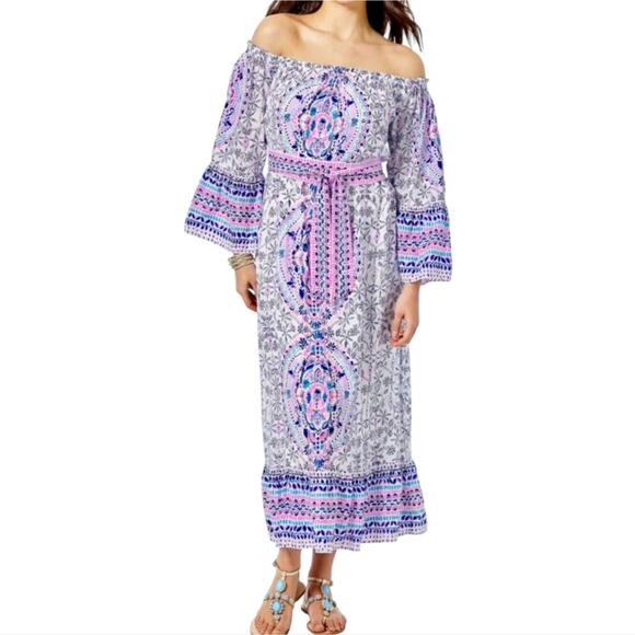 LILLY PULITZER ABIGALE OFF THE SHOULDER BELTED RUFFLED MIDI DRESS Size MEDIUM - Picture 1 of 14